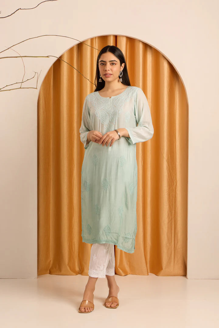 Misty Teal Chikankari Ombre Kurti