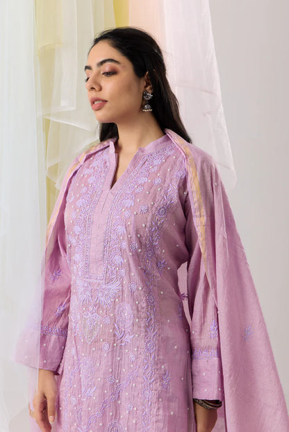 Luminous Lavender Chikankari Zari Tissue Kurta Dupatta Set