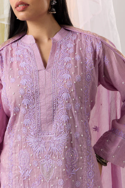 Luminous Lavender Chikankari Zari Tissue Kurta Dupatta Set