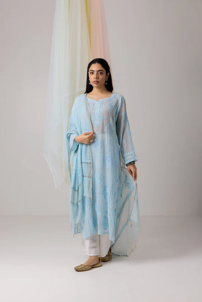 Delicate Baby Blue Chikankari Mul Chanderi Kurta Dupatta Set With Daraj Work