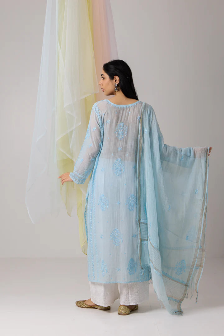 Delicate Baby Blue Chikankari Mul Chanderi Kurta Dupatta Set With Daraj Work