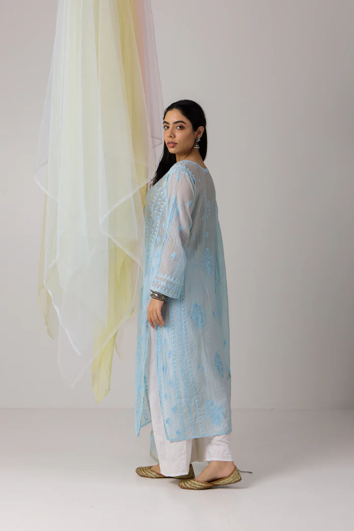 Delicate Baby Blue Chikankari Mul Chanderi Kurta Dupatta Set With Daraj Work