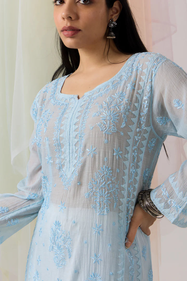 Delicate Baby Blue Chikankari Mul Chanderi Kurta Dupatta Set With Daraj Work