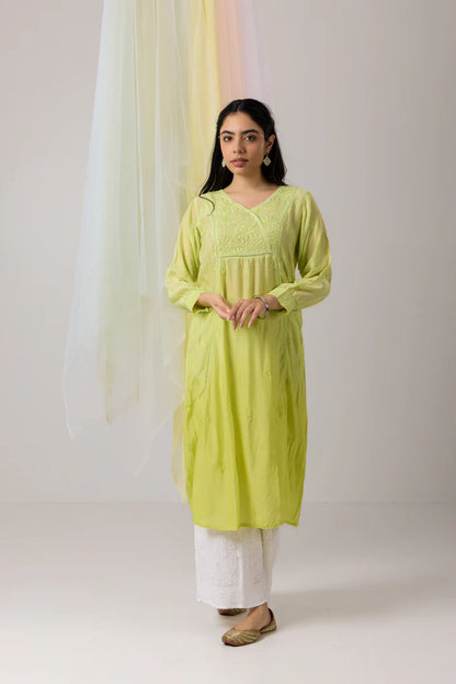 Refreshing Light Lime Green Chikankari Muslin Ombre Kurti