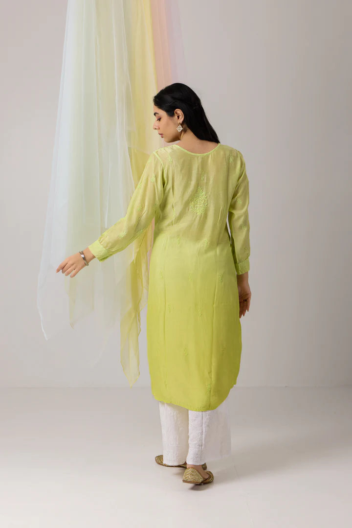 Refreshing Light Lime Green Chikankari Muslin Ombre Kurti