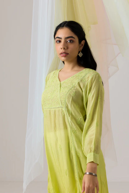 Refreshing Light Lime Green Chikankari Muslin Ombre Kurti