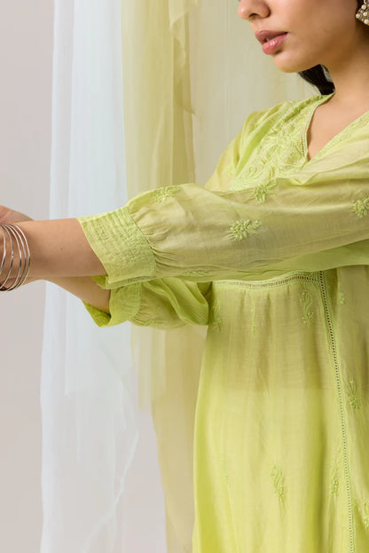 Refreshing Light Lime Green Chikankari Muslin Ombre Kurti