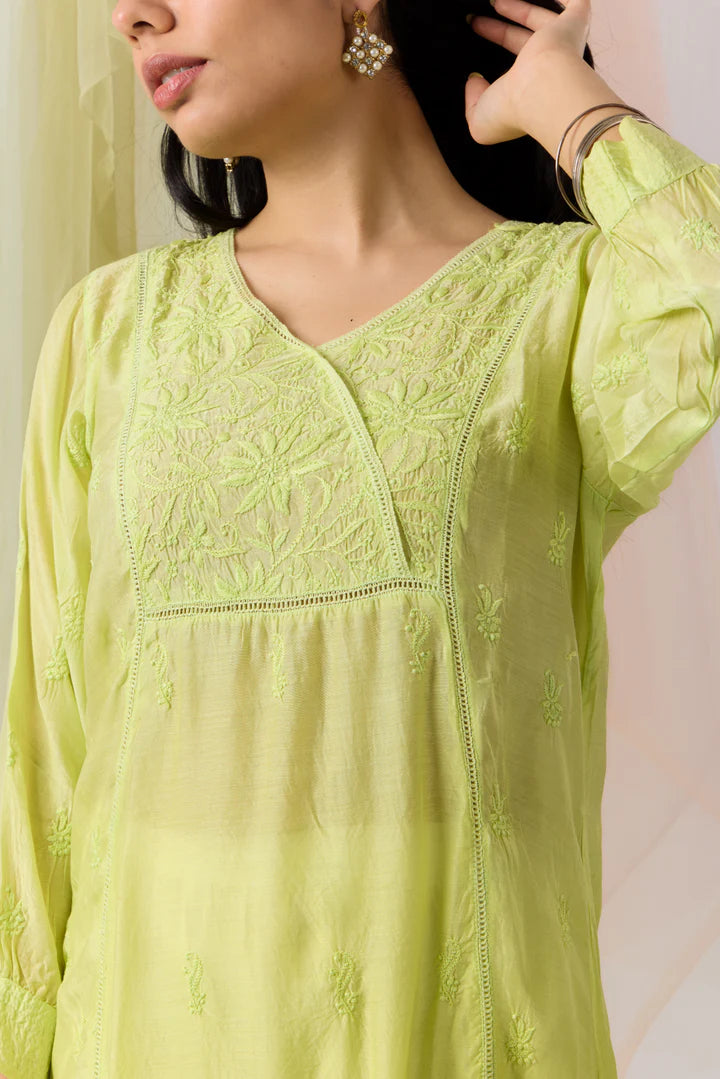 Refreshing Light Lime Green Chikankari Muslin Ombre Kurti