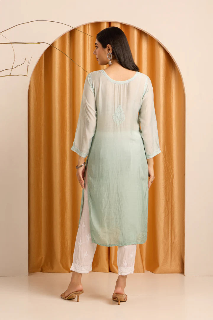 Misty Teal Chikankari Ombre Kurti