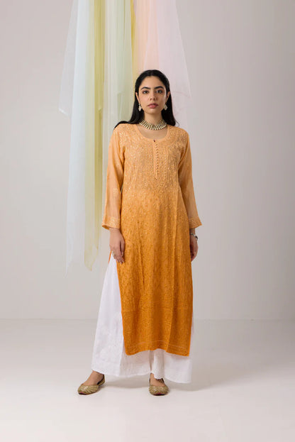 Vibrant Pumpkin Orange Ombre Chikankari Mul Chanderi Kurti