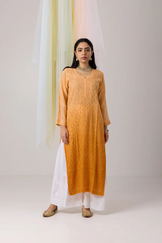 Vibrant Pumpkin Orange Ombre Chikankari Mul Chanderi Kurti