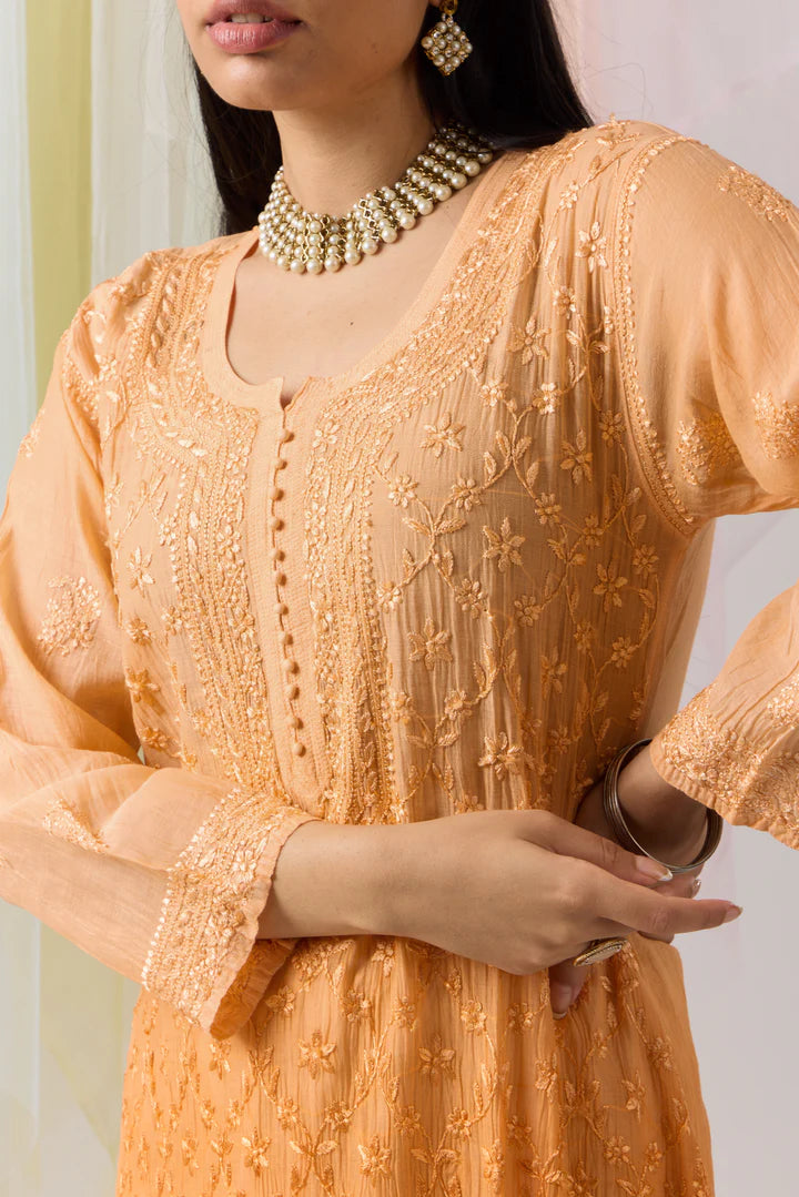 Vibrant Pumpkin Orange Ombre Chikankari Mul Chanderi Kurti