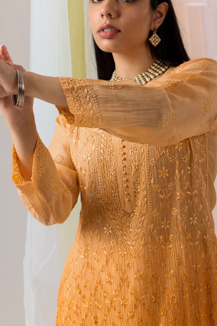 Vibrant Pumpkin Orange Ombre Chikankari Mul Chanderi Kurti