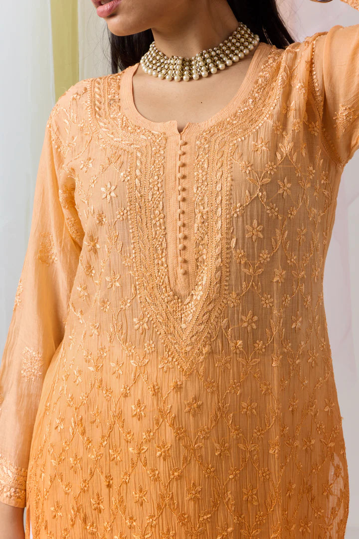 Vibrant Pumpkin Orange Ombre Chikankari Mul Chanderi Kurti