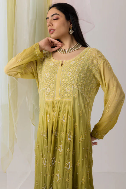 Elegant Moss Green Chikankari Ombre Georgette Kurti with Pearl Work