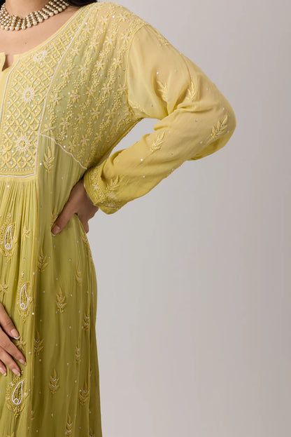 Elegant Moss Green Chikankari Ombre Georgette Kurti with Pearl Work