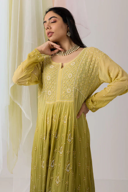 Elegant Moss Green Chikankari Ombre Georgette Kurti with Pearl Work