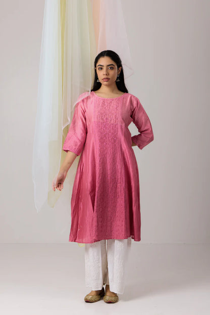 Radiant Bubblegum Pink Chikankari Pure Chanderi Anarkali