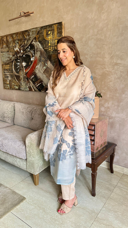 RUMINA MALIK IN CREAM AND GREY COTTON LINEN EMBROIDERED KURTA SET