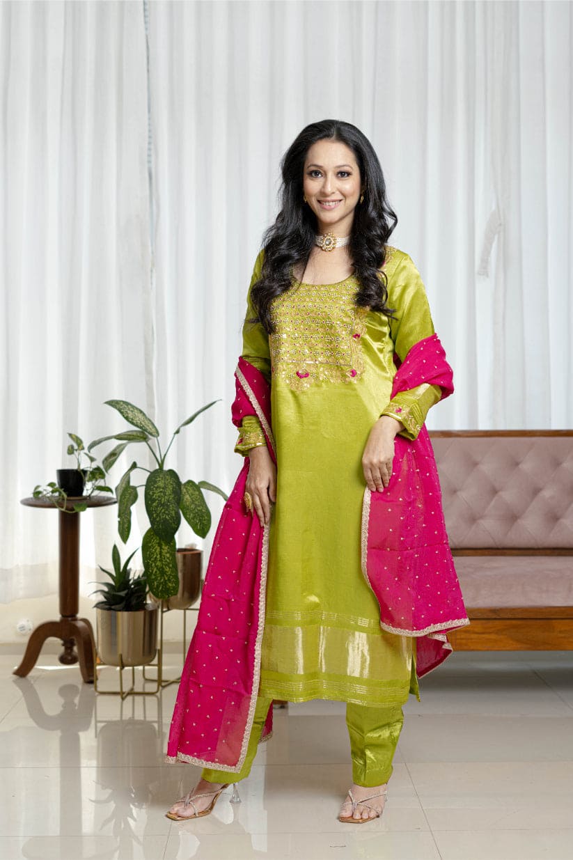"Phoolvadi" – Lime Green Gajji Silk Celebration Suit Set