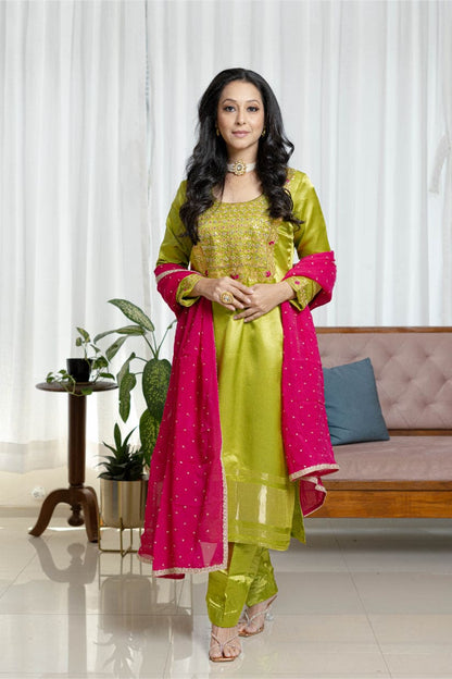 "Phoolvadi" – Lime Green Gajji Silk Celebration Suit Set