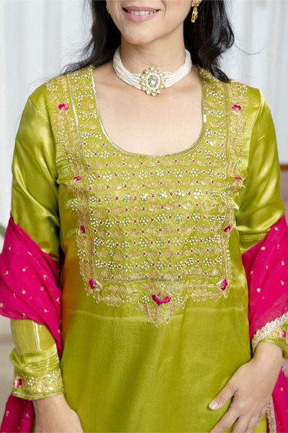 "Phoolvadi" – Lime Green Gajji Silk Celebration Suit Set