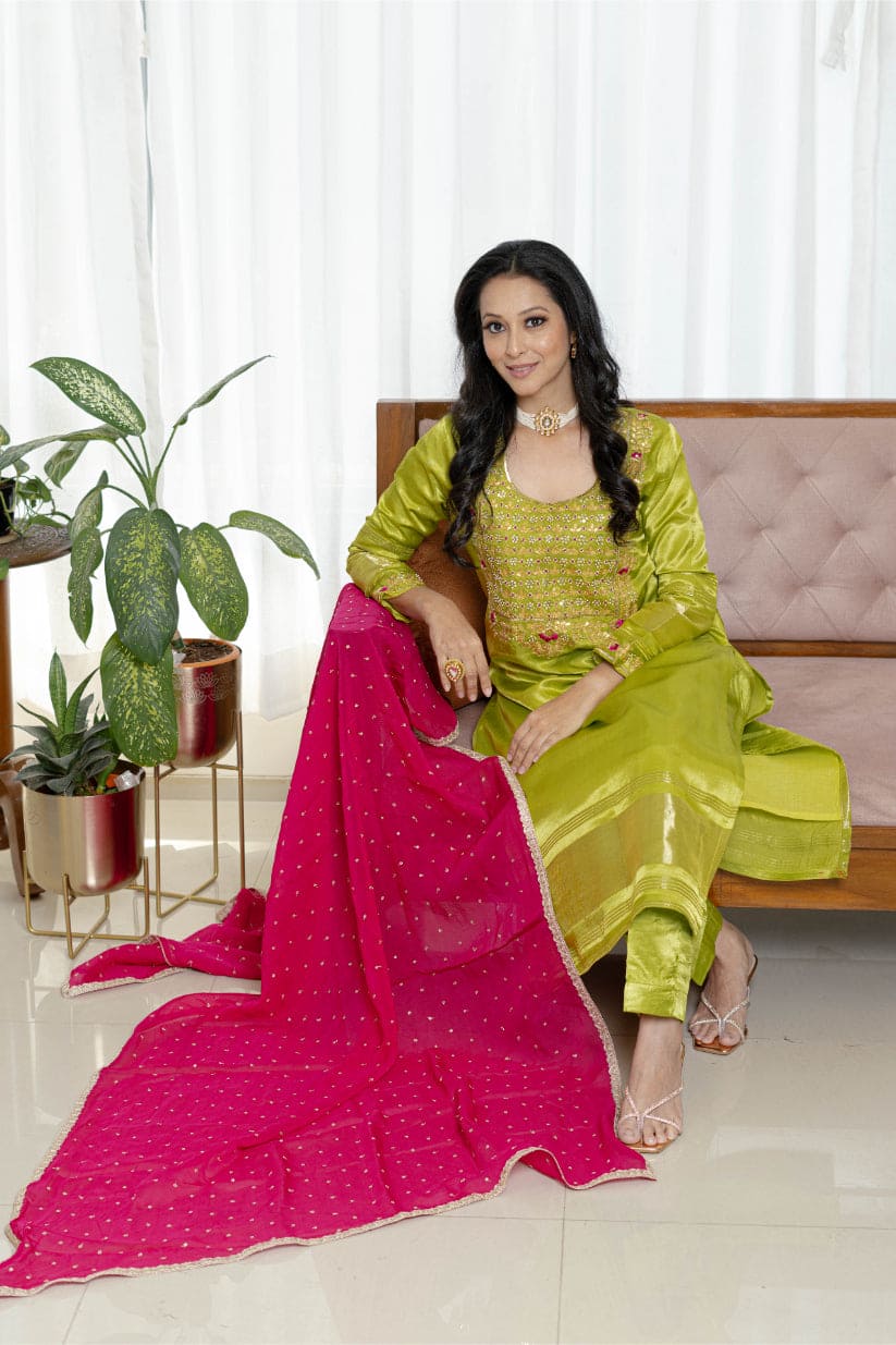 "Phoolvadi" – Lime Green Gajji Silk Celebration Suit Set