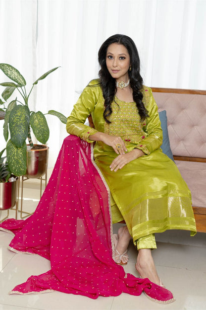 "Phoolvadi" – Lime Green Gajji Silk Celebration Suit Set