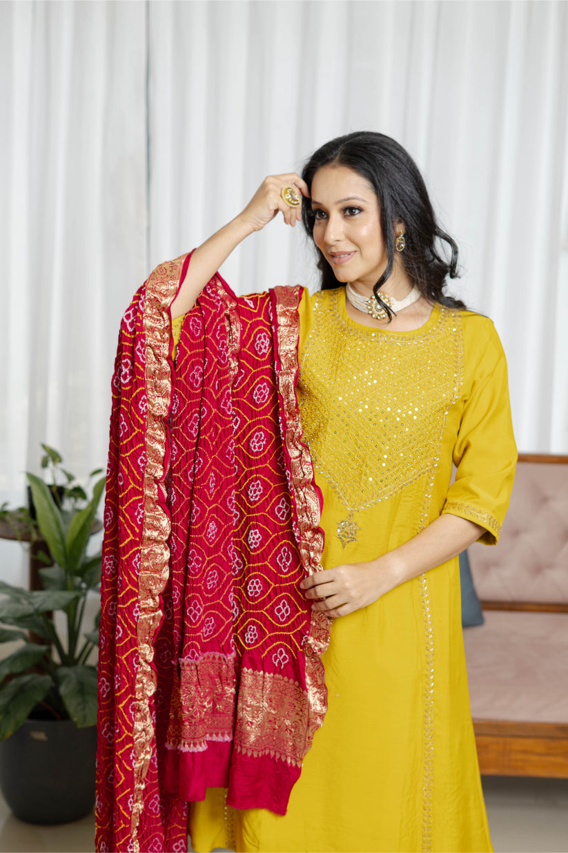 Mustard Kurta Set with Bandhani Charm