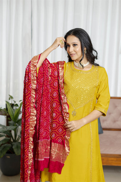 Mustard Kurta Set with Bandhani Charm