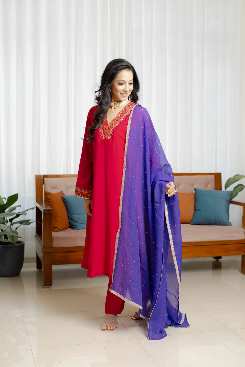 Magenta pink chanderi suit set with Organza Dupatta