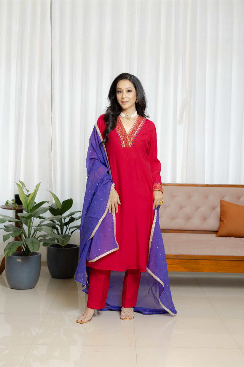 Magenta pink chanderi suit set with Organza Dupatta