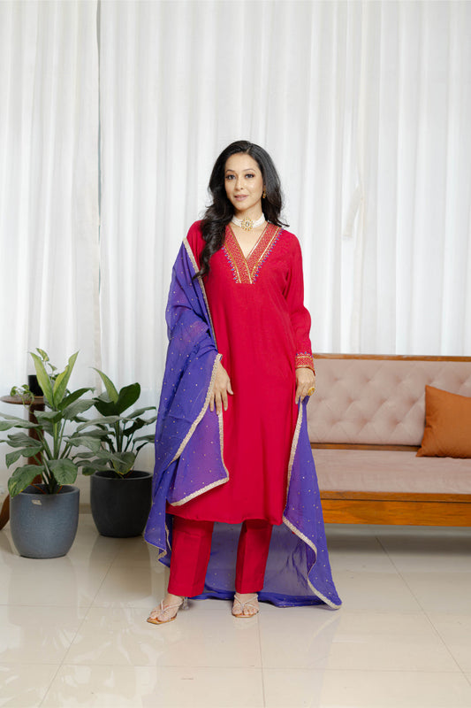 Magenta pink chanderi suit set with Organza Dupatta