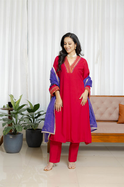 Magenta pink chanderi suit set with Organza Dupatta