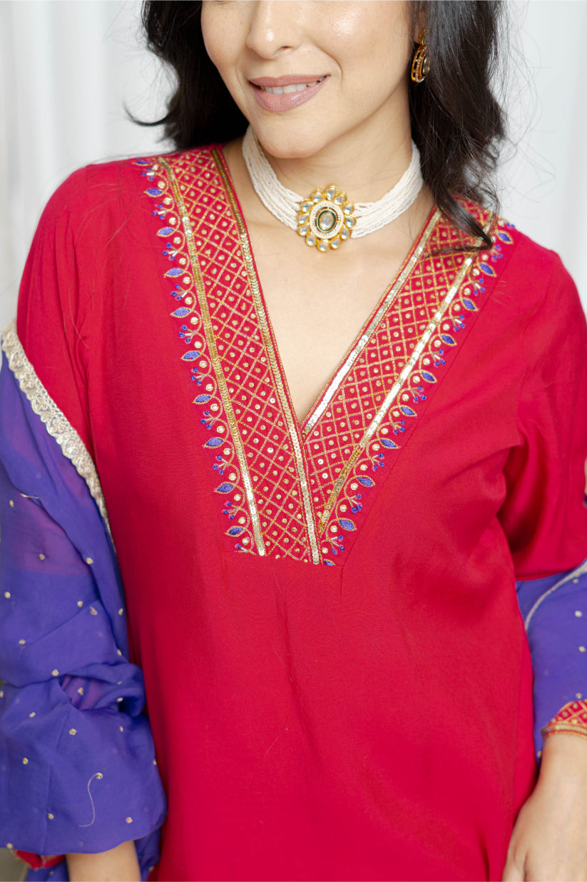 Magenta pink chanderi suit set with Organza Dupatta