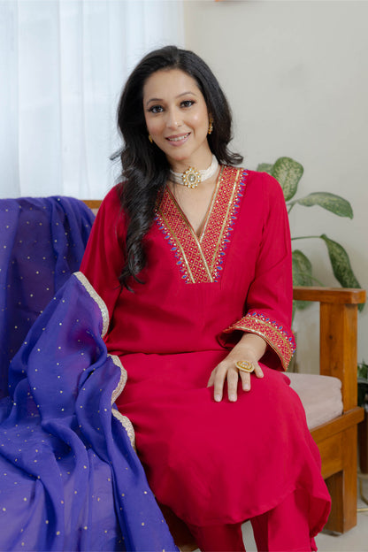 Magenta pink chanderi suit set with Organza Dupatta