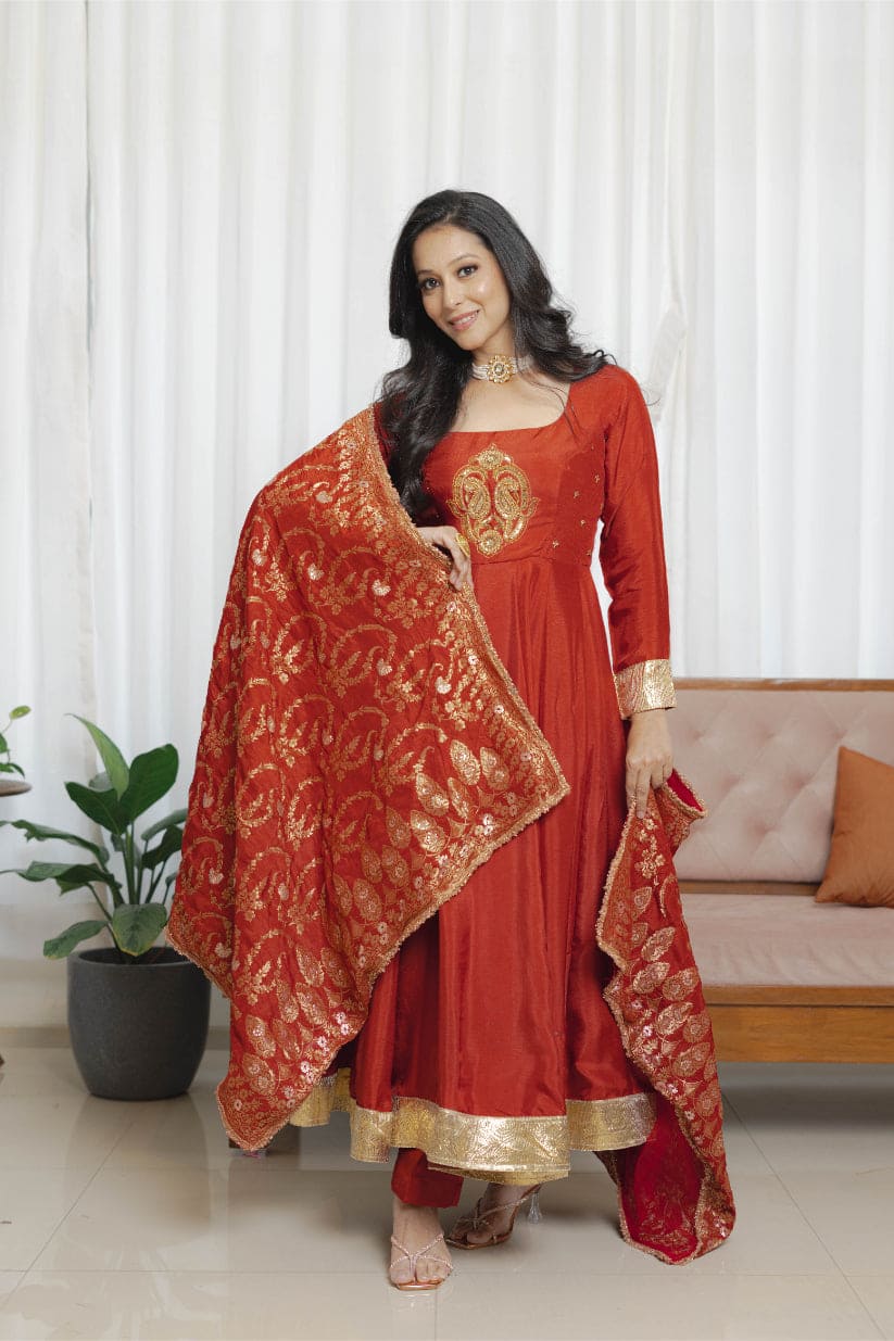 Rust Red Anarkali Ensemble suit set with brocade dupatta