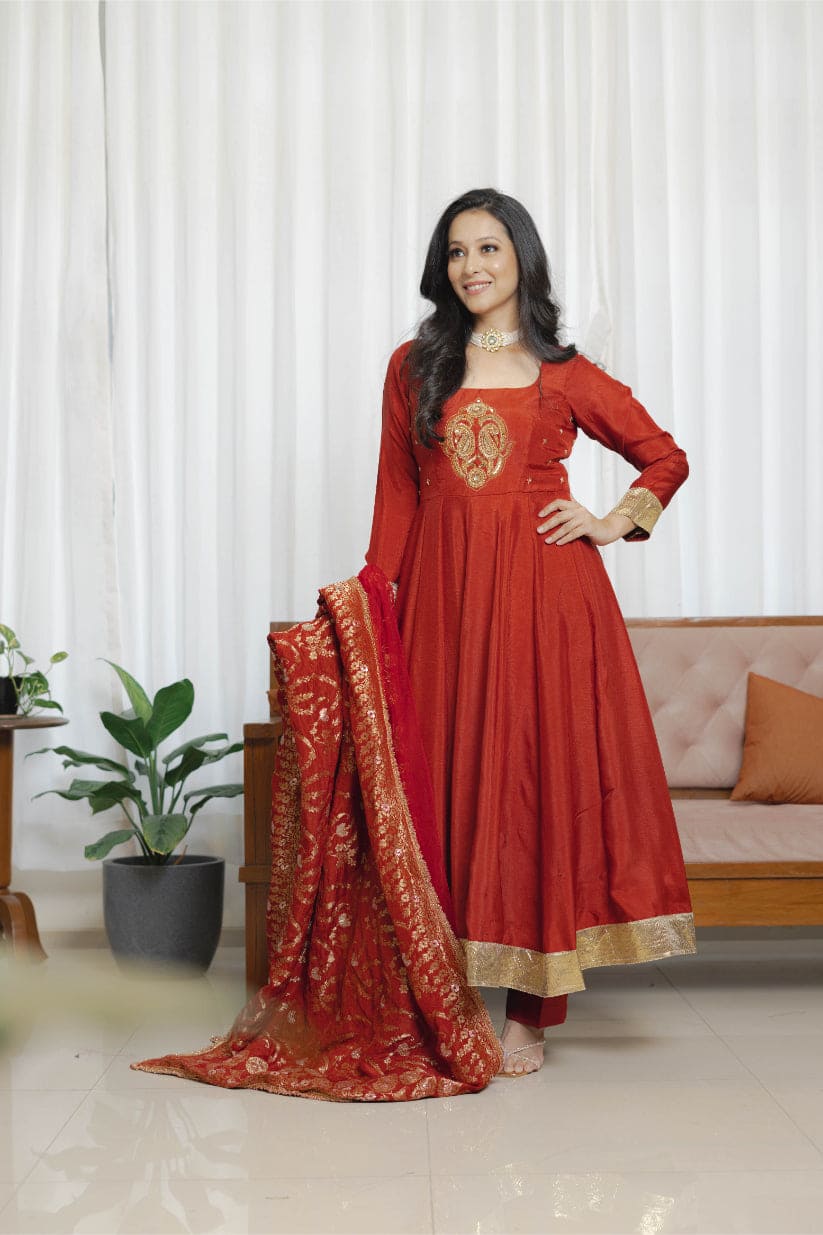 Rust Red Anarkali Ensemble suit set with brocade dupatta