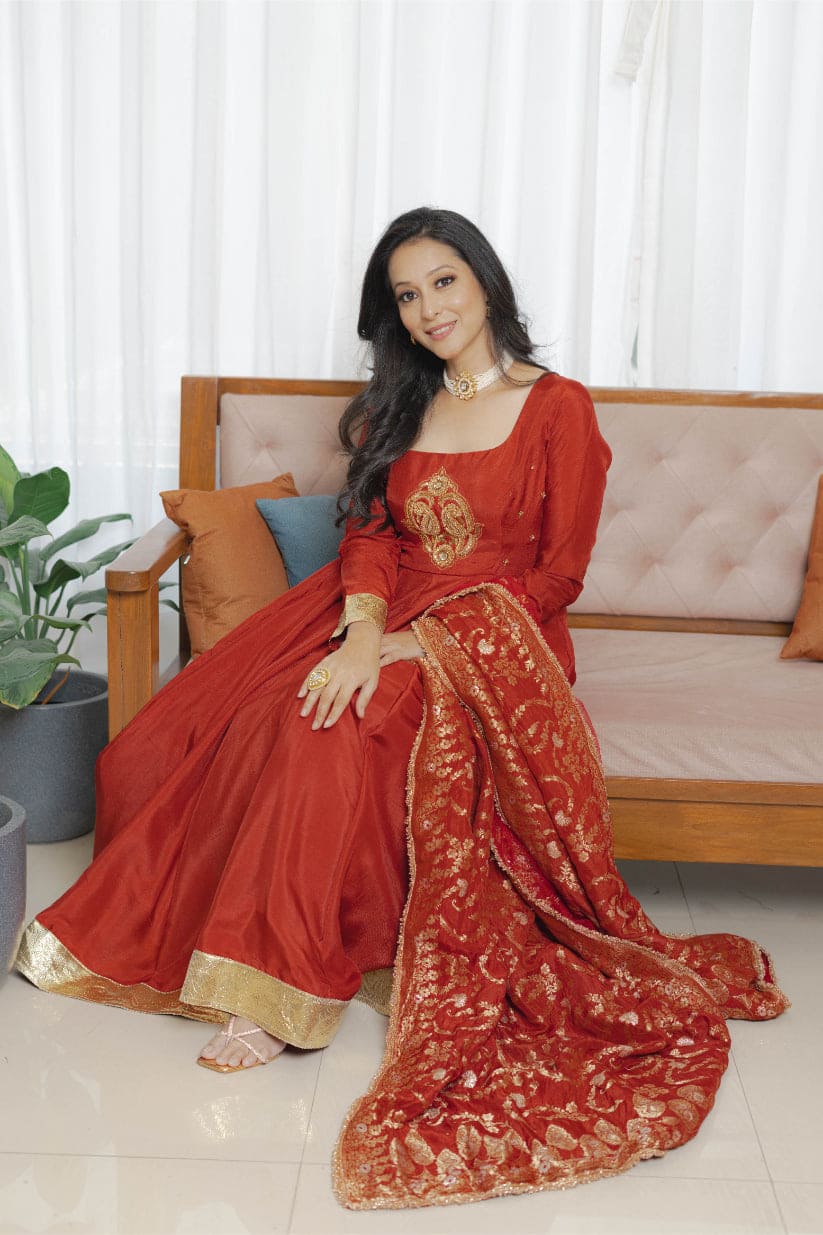 Rust Red Anarkali Ensemble suit set with brocade dupatta