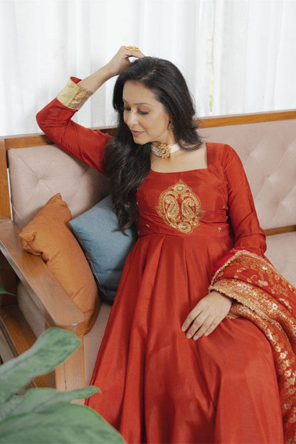 Rust Red Anarkali Ensemble suit set with brocade dupatta