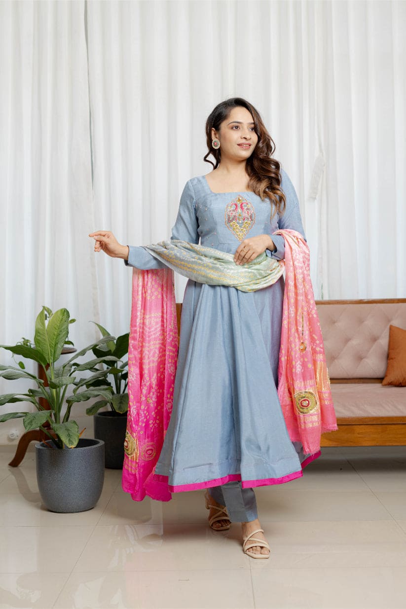 "Noor-E-Bahar" – Grey Anarkali with Bandhani Bliss