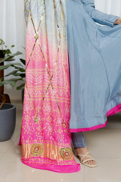 "Noor-E-Bahar" – Grey Anarkali with Bandhani Bliss