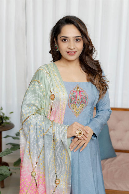 "Noor-E-Bahar" – Grey Anarkali with Bandhani Bliss