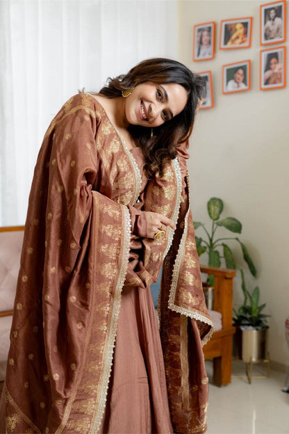 Dusky Brown Anarkali with Brocade Drape