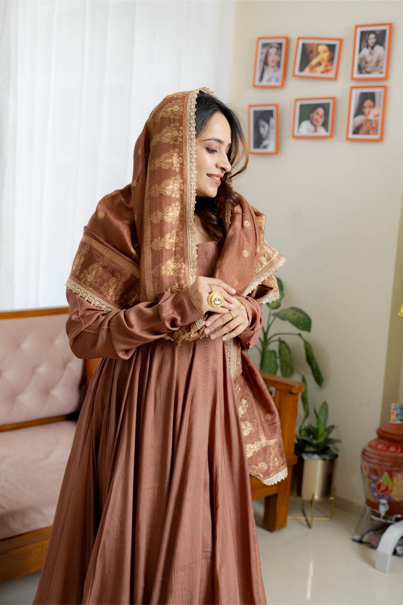 Dusky Brown Anarkali with Brocade Drape