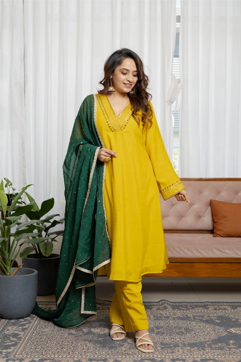Sunlit mustard chanderi a-line suit set with Organza Dupatta