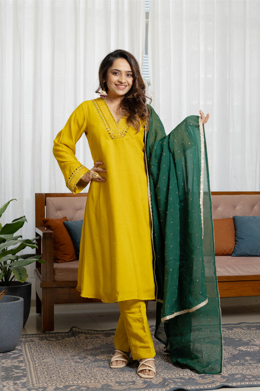 Sunlit mustard chanderi a-line suit set with Organza Dupatta