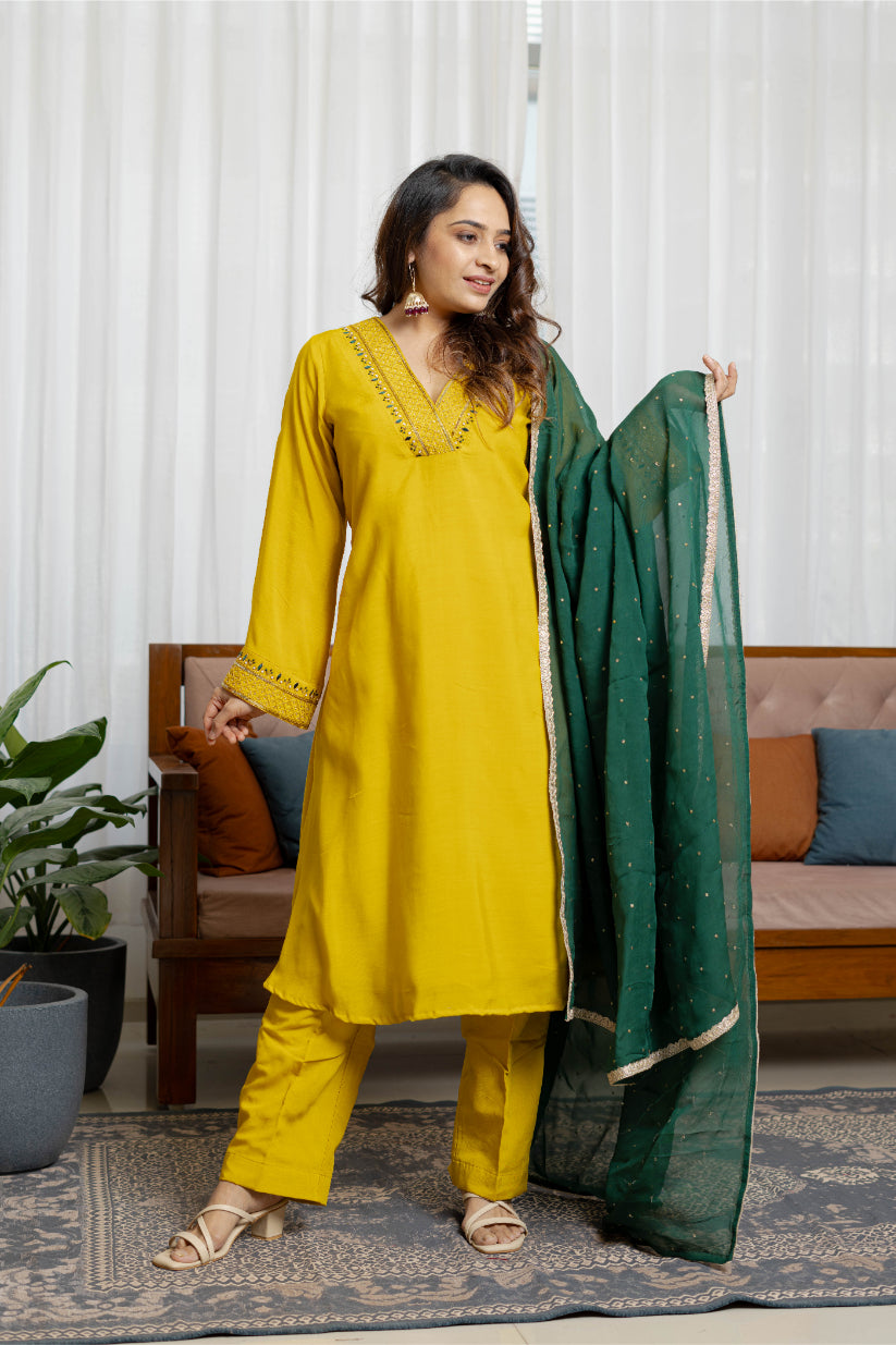 Sunlit mustard chanderi a-line suit set with Organza Dupatta