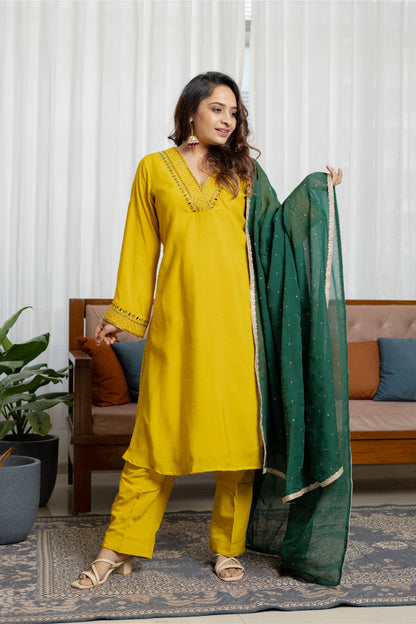 Sunlit mustard chanderi a-line suit set with Organza Dupatta