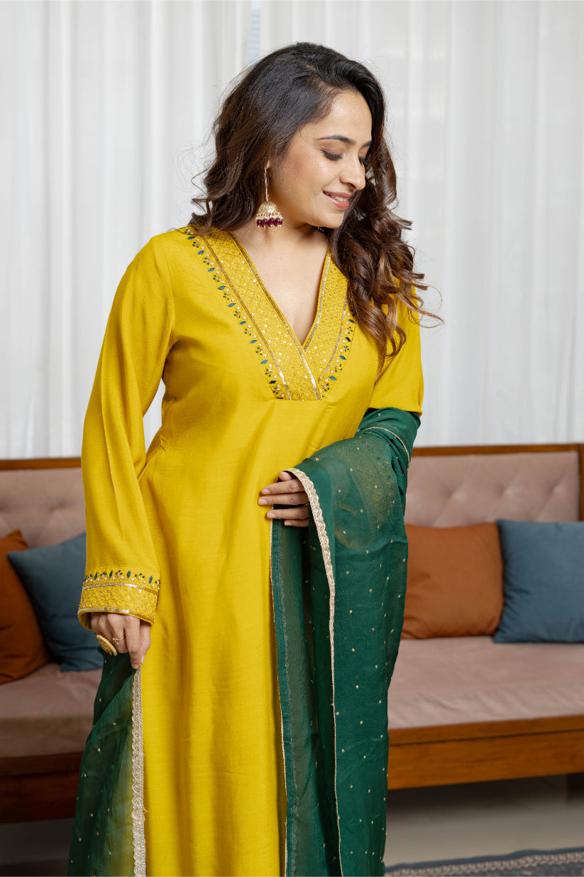 Sunlit mustard chanderi a-line suit set with Organza Dupatta